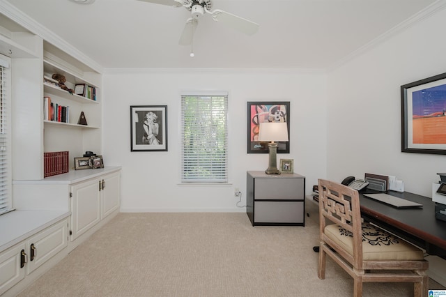 1209 29th St S, Birmingham, AL 35205 - office with ornamental molding, light carpet, and a ceiling fan