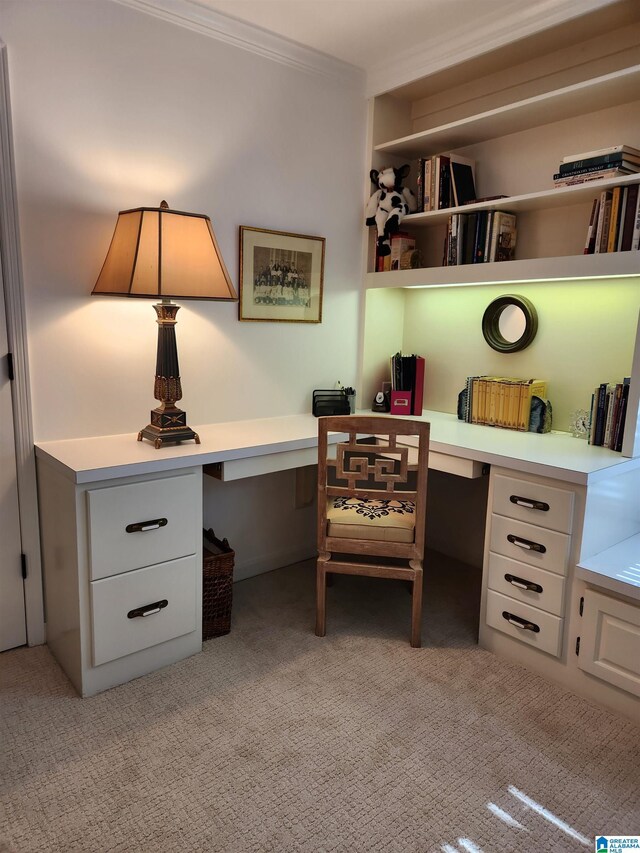 1209 29th St S, Birmingham, AL 35205 - office area featuring crown molding, built in desk, and light colored carpet