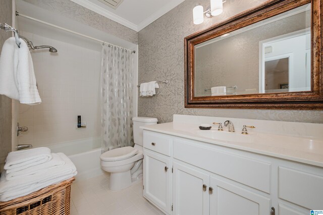 1209 29th St S, Birmingham, AL 35205 - full bathroom with crown molding, toilet, shower / bathtub combination with curtain, wallpapered walls, and vanity