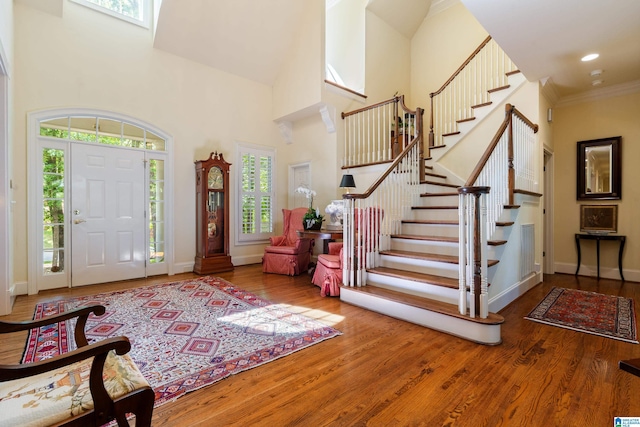 entrance foyer featuring healthy amount of natural light, stairs, a high ceiling, wood finished floors, and baseboards