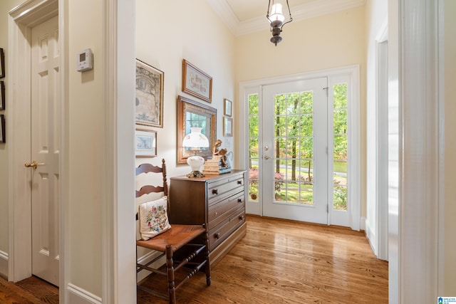 doorway to outside with ornamental molding, light wood-type flooring, and a towering ceiling