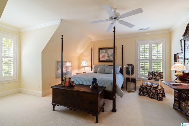 carpeted bedroom with baseboards, ornamental molding, and ceiling fan