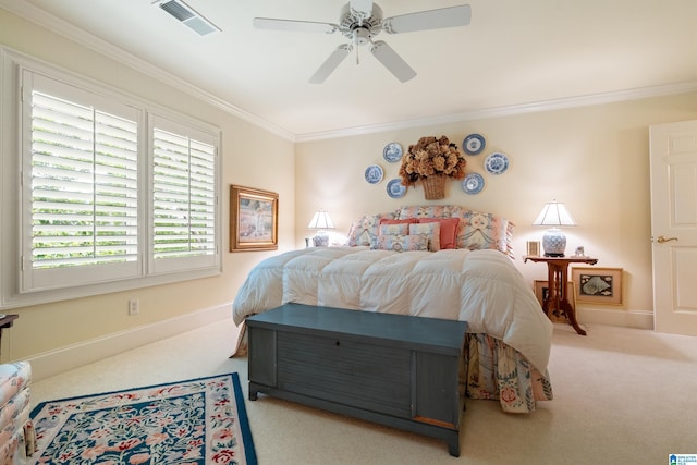 bedroom with carpet, ornamental molding, ceiling fan, and baseboards
