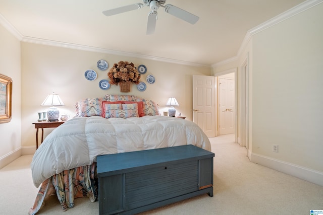 bedroom featuring crown molding, light colored carpet, baseboards, and ceiling fan