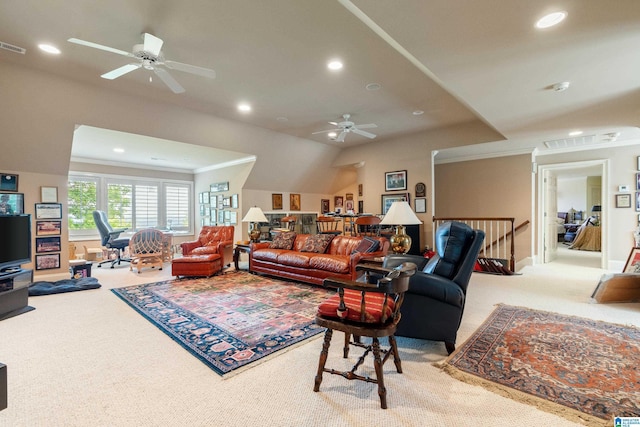 living area featuring light colored carpet, a ceiling fan, recessed lighting, and ornamental molding