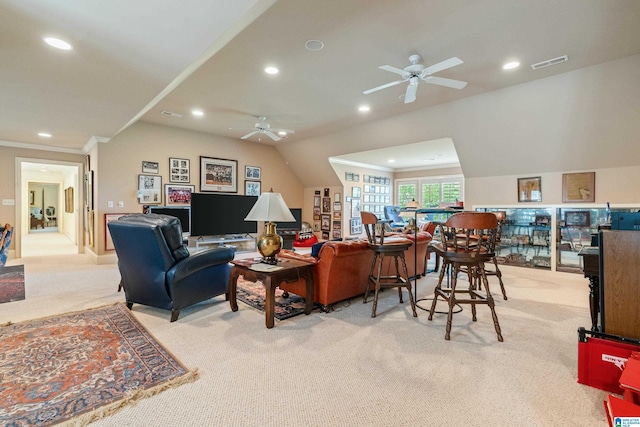living room with carpet flooring, a ceiling fan, recessed lighting, and vaulted ceiling