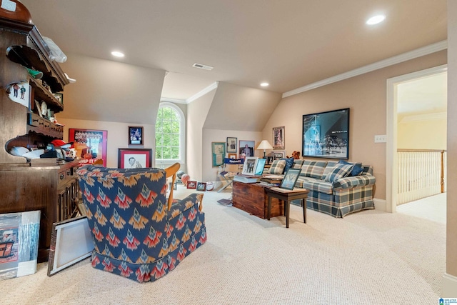 carpeted living room with ornamental molding, recessed lighting, and baseboards