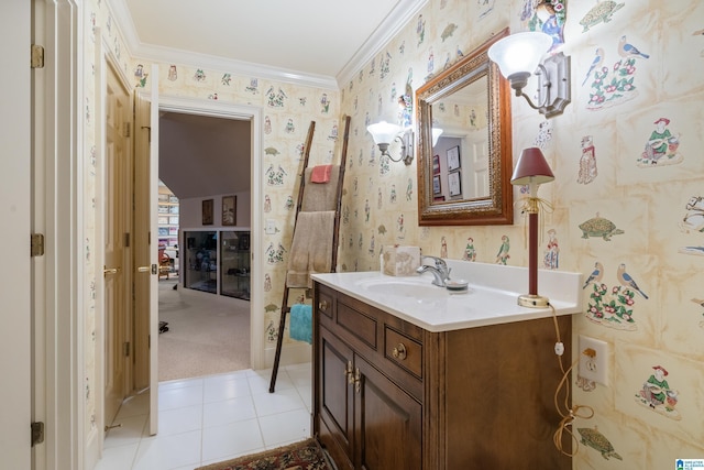 bathroom featuring wallpapered walls, ornamental molding, vanity, and tile patterned floors