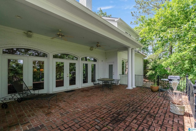 view of patio featuring french doors and ceiling fan