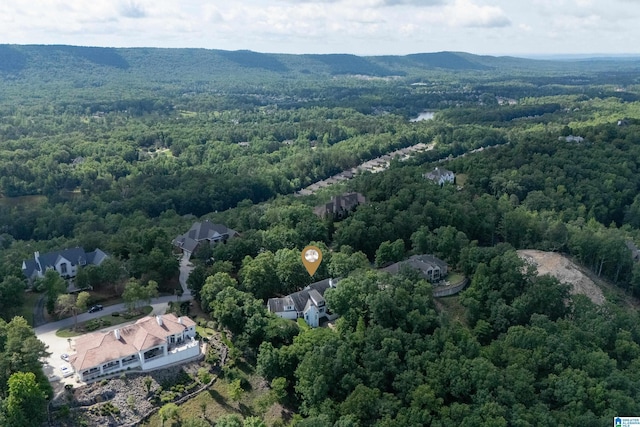 view of property location featuring a heavily wooded area and a mountain backdrop