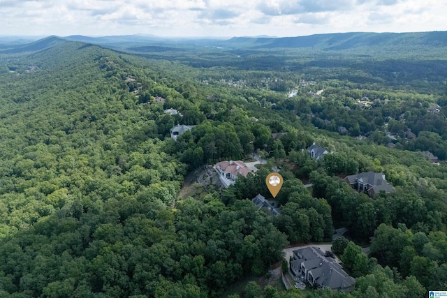 drone / aerial view of a heavily wooded area and a mountainous background