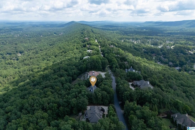 aerial view of a heavily wooded area and a mountainous background