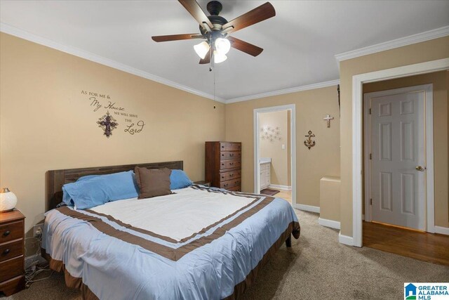 110 Drexal Dr, Oneonta, AL 35121 - carpeted bedroom with baseboards, ornamental molding, ceiling fan, and ensuite bathroom