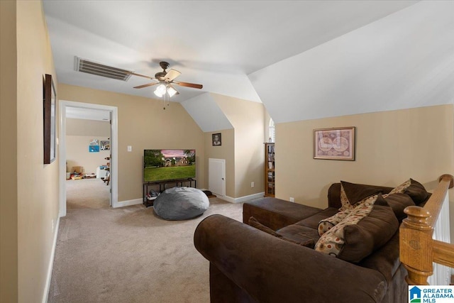 110 Drexal Dr, Oneonta, AL 35121 - living area with carpet floors, ceiling fan, vaulted ceiling, and baseboards