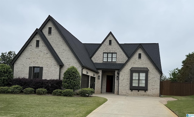 french provincial home with roof with shingles, brick siding, and driveway