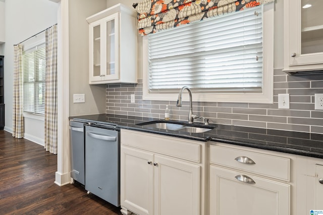 kitchen featuring a sink, stainless steel dishwasher, dark wood finished floors, and tasteful backsplash