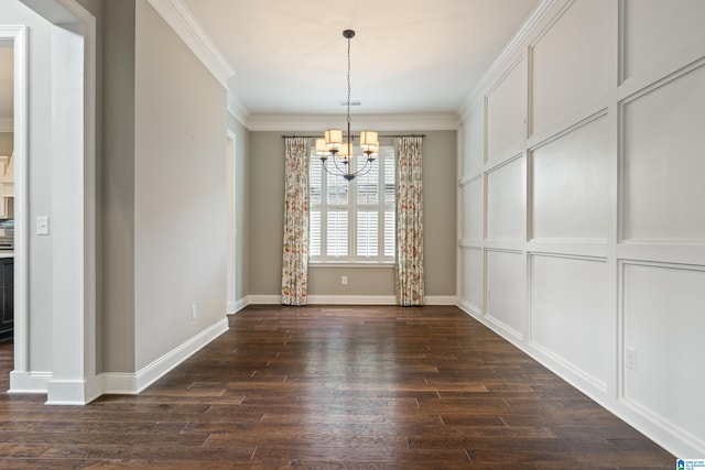 unfurnished dining area with a chandelier, dark wood-style flooring, ornamental molding, and baseboards
