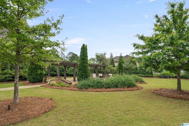 view of green lawn with a pergola