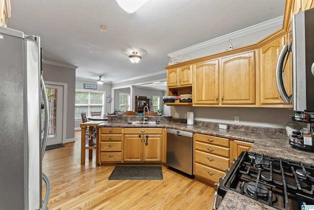 13688 Remlap Dr, Remlap, AL 35133 - kitchen with stainless steel appliances, a sink, crown molding, light wood finished floors, and dark countertops