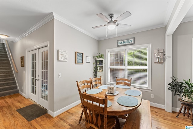 13688 Remlap Dr, Remlap, AL 35133 - dining room featuring french doors, stairway, light wood-style floors, a ceiling fan, and baseboards