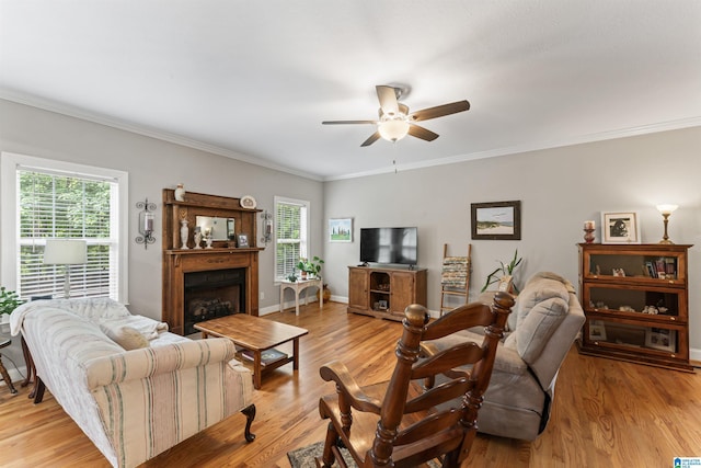 13688 Remlap Dr, Remlap, AL 35133 - living area featuring ceiling fan, ornamental molding, light wood finished floors, and a fireplace