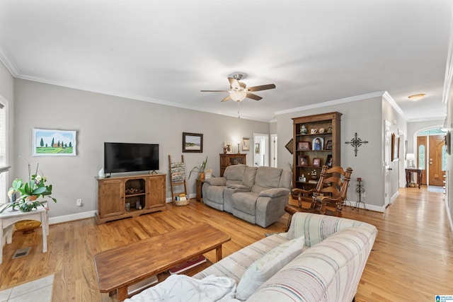 13688 Remlap Dr, Remlap, AL 35133 - living area featuring ceiling fan, light wood-type flooring, baseboards, ornamental molding, and plenty of natural light