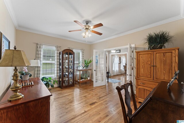 13688 Remlap Dr, Remlap, AL 35133 - home office featuring french doors, light wood-style flooring, ceiling fan, and ornamental molding