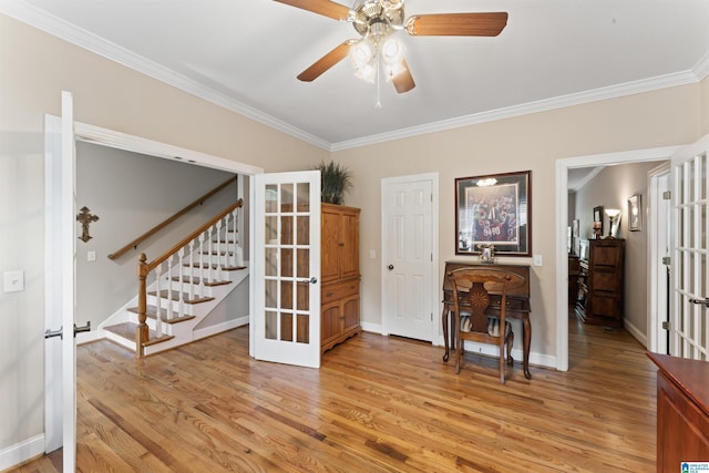 13688 Remlap Dr, Remlap, AL 35133 - interior space with crown molding, stairs, light wood finished floors, a ceiling fan, and french doors