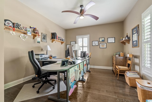 home office with wood finished floors, baseboards, and ceiling fan