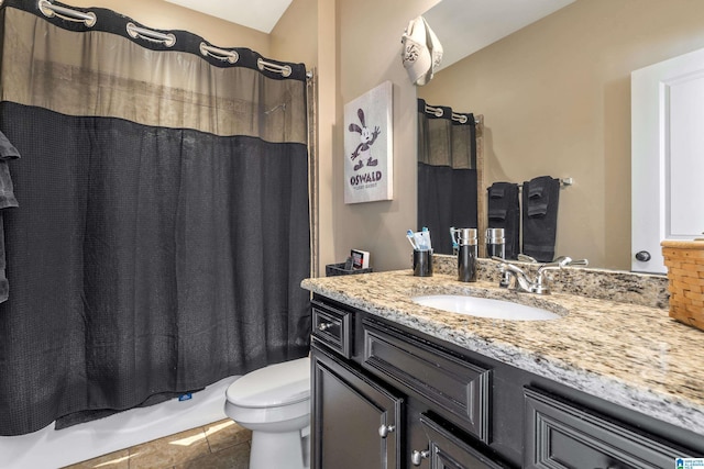 bathroom with toilet, vanity, shower / bath combination with curtain, and tile patterned floors