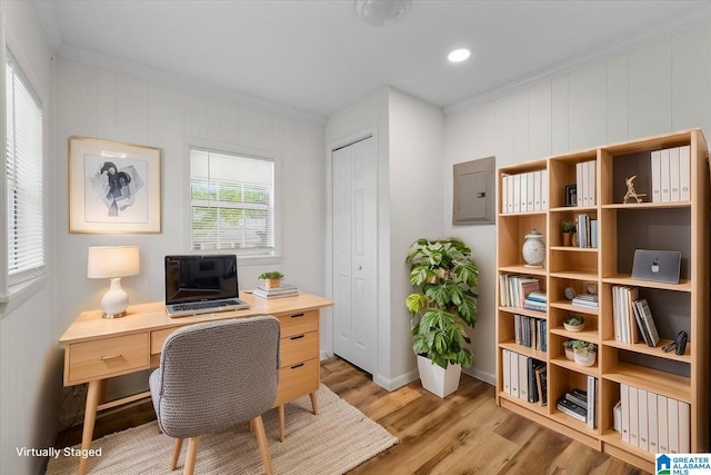 401 W 3rd Ave, Oneonta, AL 35121 - office space with light wood finished floors, electric panel, ornamental molding, baseboards, and recessed lighting