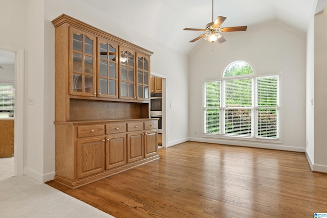 175 Sunhill Rd, Remlap, AL 35133 - unfurnished dining area featuring ceiling fan, lofted ceiling, baseboards, and light wood-type flooring