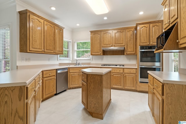 175 Sunhill Rd, Remlap, AL 35133 - kitchen featuring stainless steel appliances, crown molding, light countertops, a peninsula, and a sink
