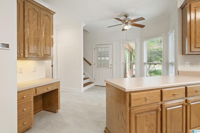 175 Sunhill Rd, Remlap, AL 35133 - kitchen with a ceiling fan, crown molding, light countertops, a peninsula, and an office area