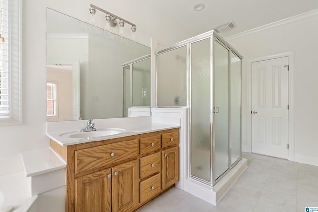 175 Sunhill Rd, Remlap, AL 35133 - bathroom featuring a stall shower, ornamental molding, tile patterned flooring, vanity, and a bath