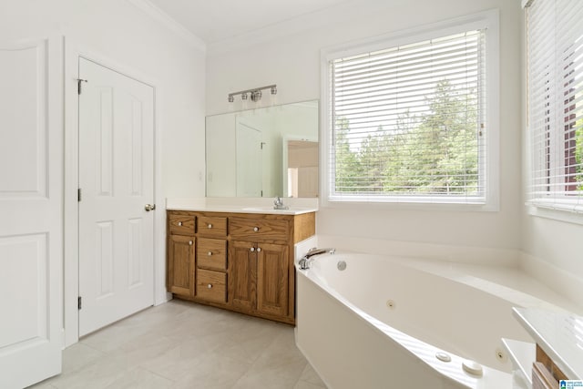 175 Sunhill Rd, Remlap, AL 35133 - bathroom with a jetted tub, vanity, crown molding, and tile patterned floors
