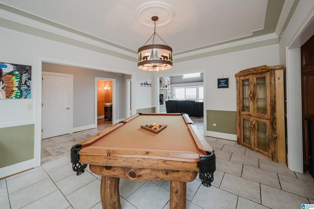 327 Ridgeview Lake Rd, Alabaster, AL 35007 - rec room with ornamental molding, billiards, baseboards, and light tile patterned floors