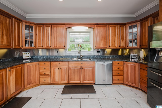 327 Ridgeview Lake Rd, Alabaster, AL 35007 - kitchen featuring dishwasher, a sink, ornamental molding, brown cabinetry, and black fridge