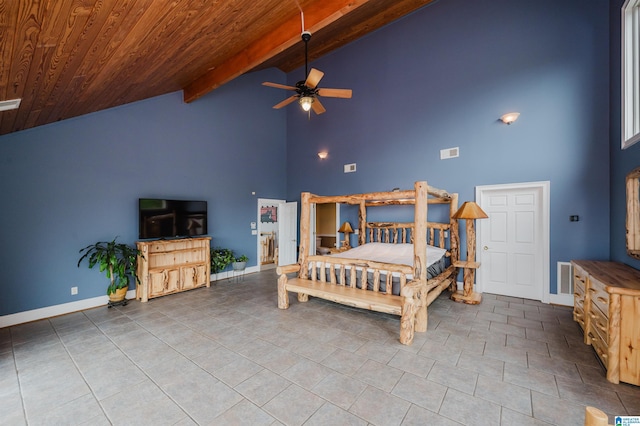 327 Ridgeview Lake Rd, Alabaster, AL 35007 - tiled bedroom with high vaulted ceiling, beam ceiling, wood ceiling, and baseboards