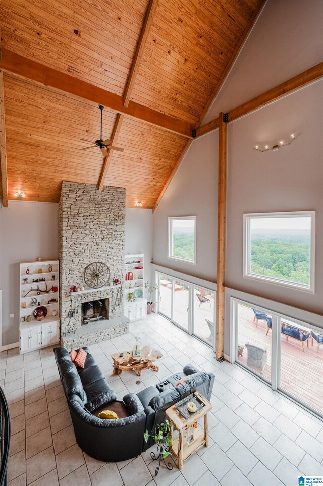 327 Ridgeview Lake Rd, Alabaster, AL 35007 - living room featuring wooden ceiling, tile patterned floors, high vaulted ceiling, ceiling fan, and beam ceiling