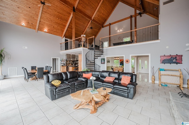 327 Ridgeview Lake Rd, Alabaster, AL 35007 - tiled living room featuring high vaulted ceiling, wooden ceiling, stairway, baseboards, and beam ceiling