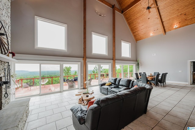 327 Ridgeview Lake Rd, Alabaster, AL 35007 - living room with high vaulted ceiling, wood ceiling, tile patterned flooring, beam ceiling, and baseboards