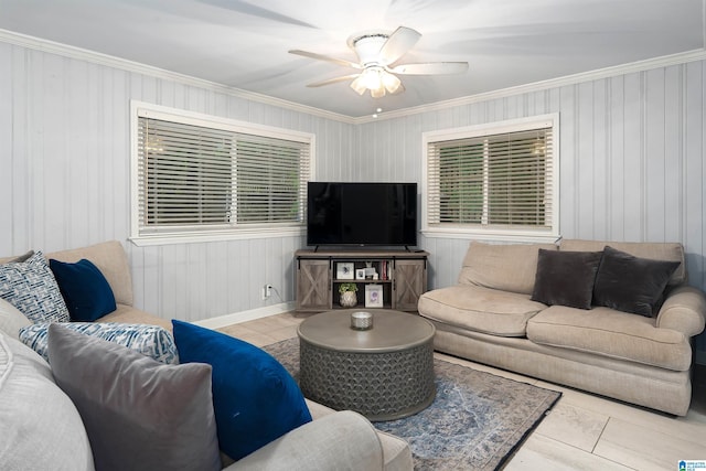 734 Crest Ln, Homewood, AL 35209 - living room featuring crown molding, ceiling fan, tile patterned flooring, and healthy amount of natural light