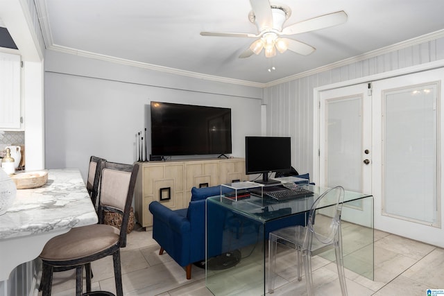 734 Crest Ln, Homewood, AL 35209 - living area with ornamental molding, a ceiling fan, and light tile patterned flooring
