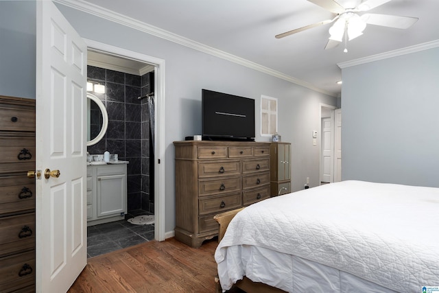 734 Crest Ln, Homewood, AL 35209 - bedroom featuring dark wood finished floors, crown molding, connected bathroom, ceiling fan, and a sink