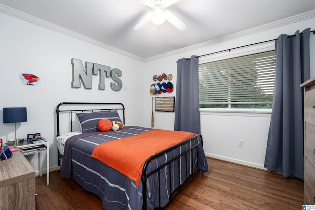 734 Crest Ln, Homewood, AL 35209 - bedroom featuring ornamental molding, wood finished floors, baseboards, and a ceiling fan