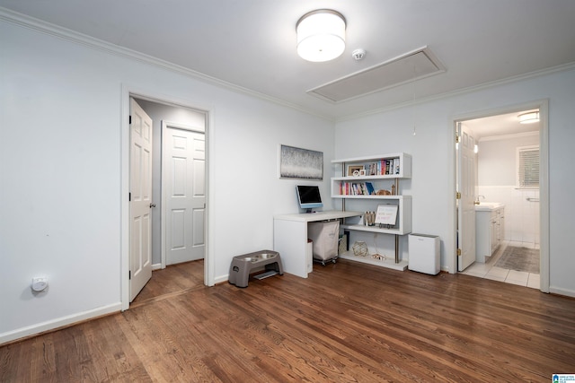734 Crest Ln, Homewood, AL 35209 - unfurnished office featuring attic access, wood finished floors, and ornamental molding