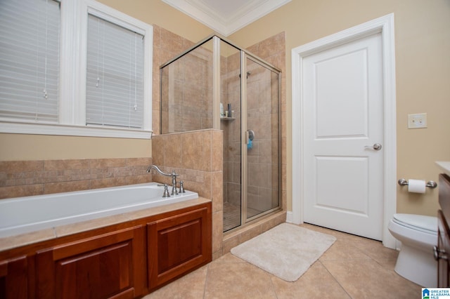 full bath featuring a shower stall, ornamental molding, toilet, tile patterned flooring, and a bath