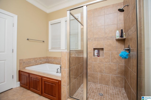 full bath featuring crown molding, a shower stall, a bath, and tile patterned floors