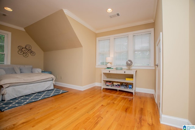 bedroom featuring light wood-style floors, baseboards, ornamental molding, and recessed lighting